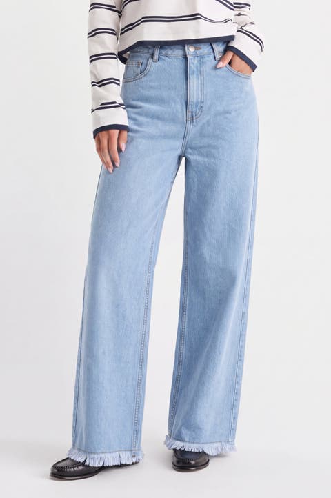 High Waist Wide Leg Jeans with Frayed Hem