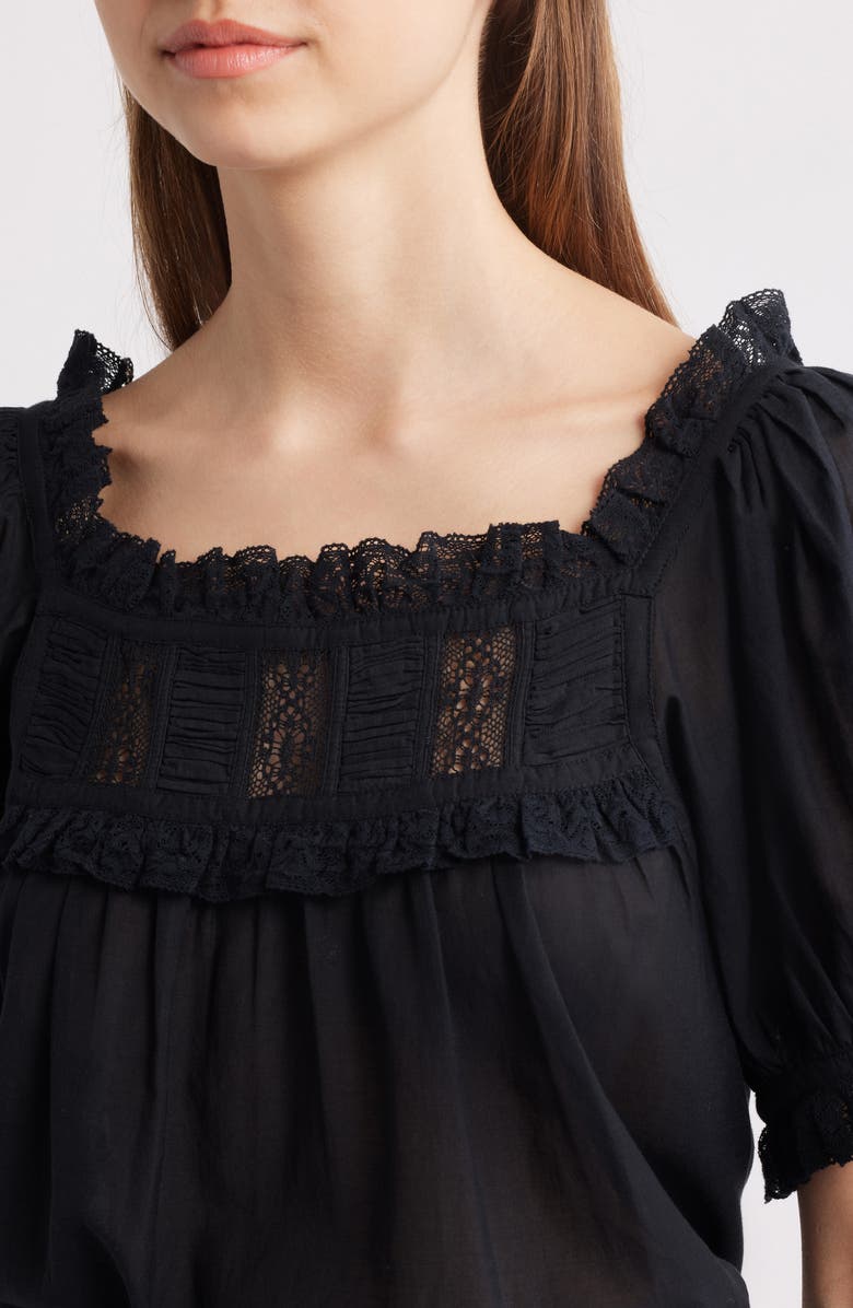 DÔEN Frances Lace Inset Cotton Blend Top, Alternate, color, Black