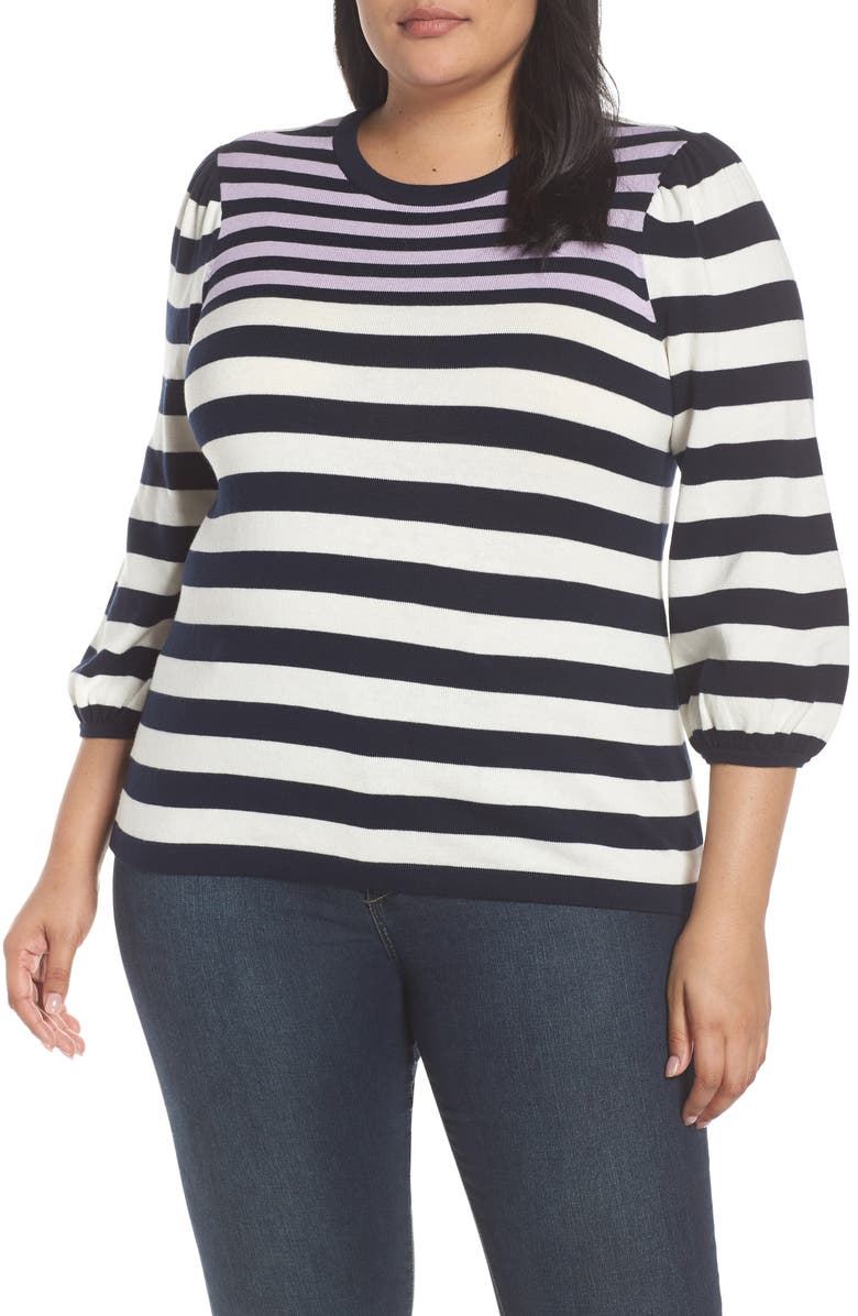 CeCe Stripe Blouson Sleeve Sweater, Main, color,