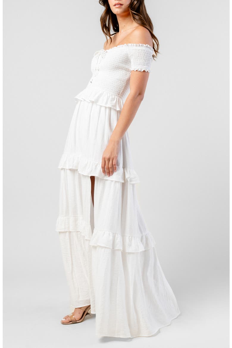 Off the Shoulder Short Sleeve Tiered Maxi Dress, Alternate, color, WHITE