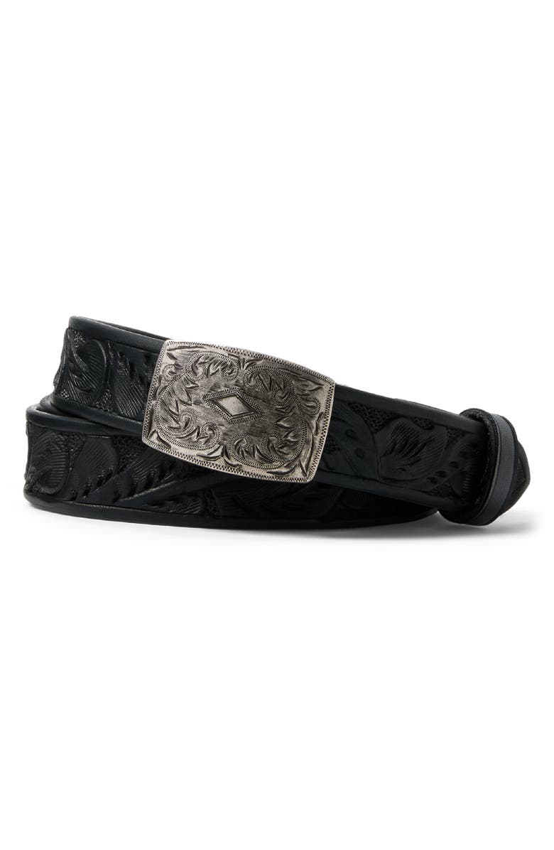 Double RL Coleman Tooled Leather Belt, Main, color, Black