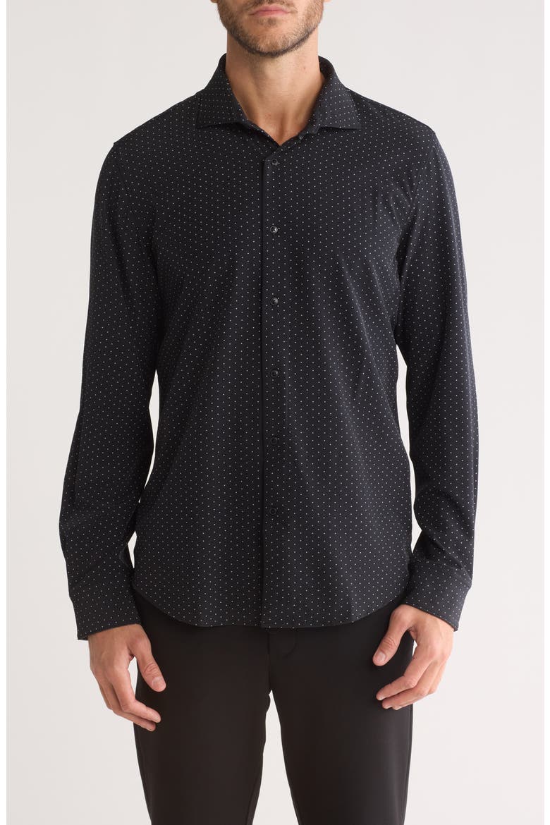 Polka Dot Print Long Sleeve Tech Button-Up Shirt, Main, color, BLACK