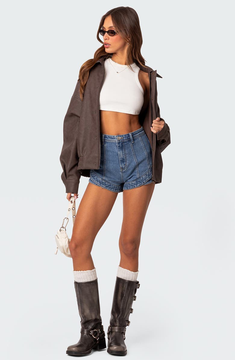 EDIKTED Fernanda Curved Hem High Waist Denim Shorts, Alternate, color, 