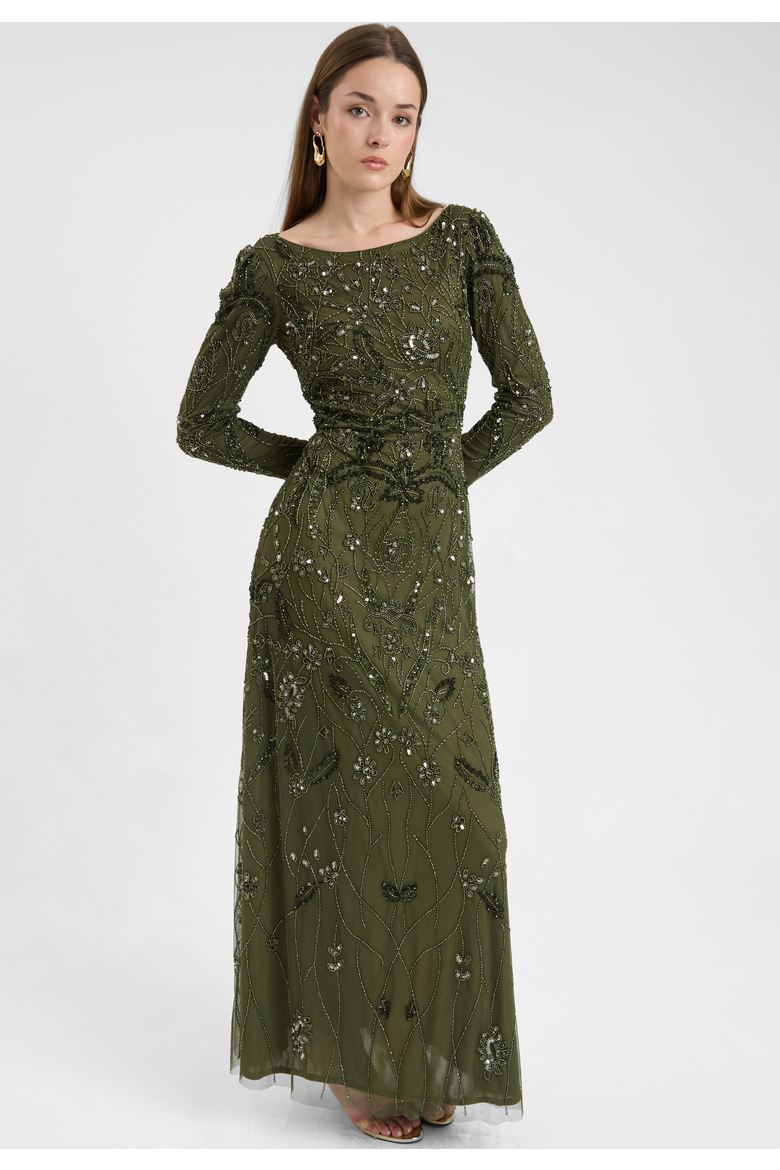 Modest Embellished Sequin Beaded Dress Maxi With Wide Neck, Alternate, color, OLIVE