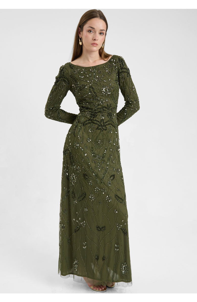 MARYISA Modest Embellished Sequin Beaded Dress Maxi With Wide Neck, Alternate, color, Olive
