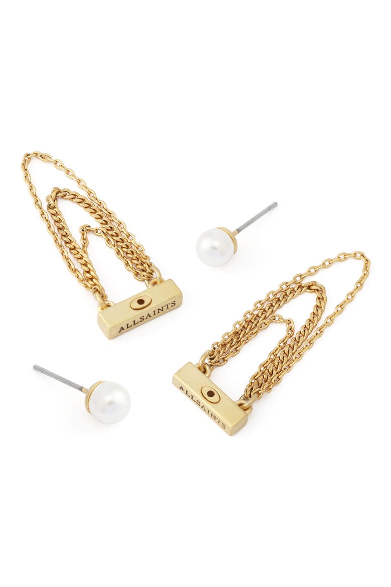Faux Pearl Swag Chain Front/Back Earrings, Alternate, color, PEARL/ VINTAGE GOLD