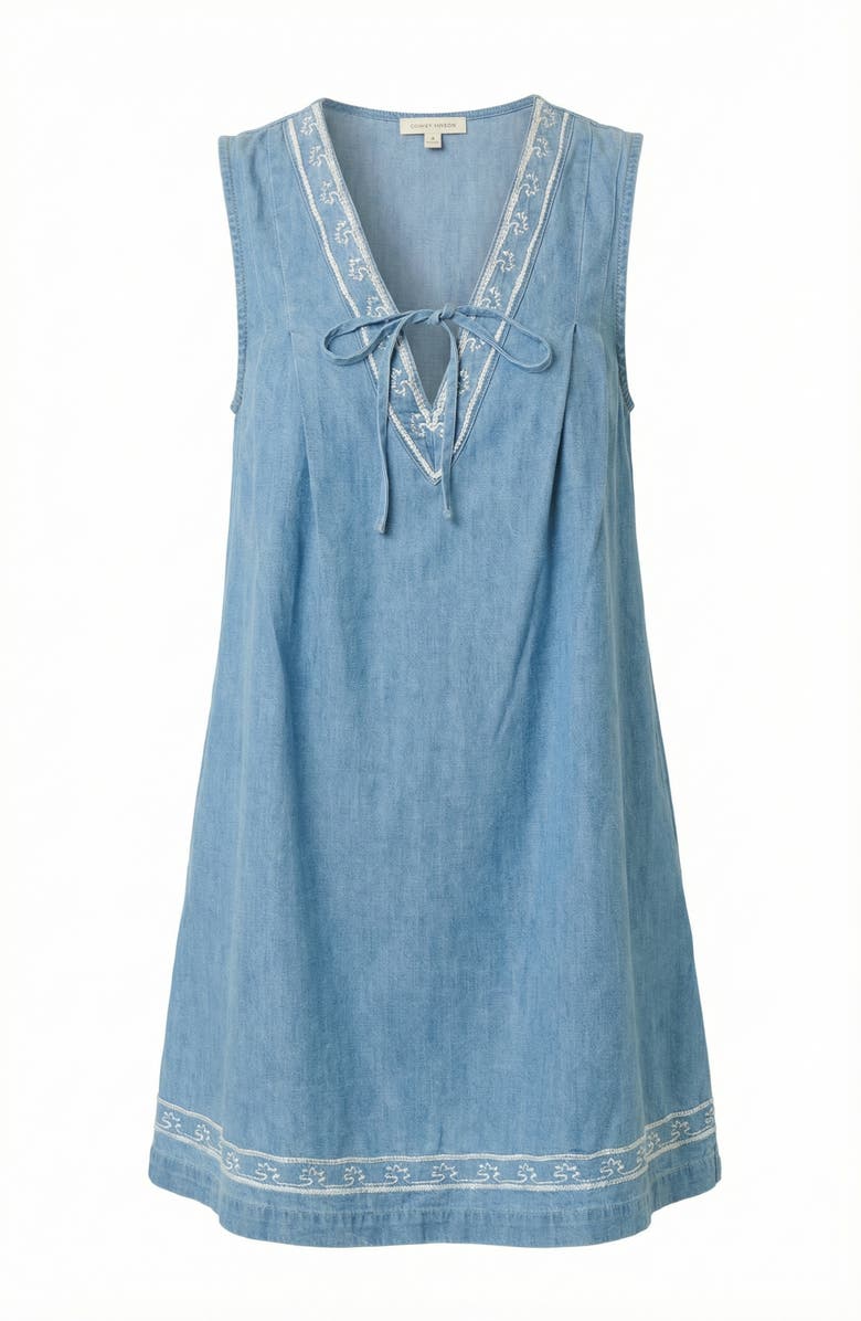 Modenaire Sleeveless Mini Dress with Embroidered Trim and Tie Front Detail, Alternate, color, Blue