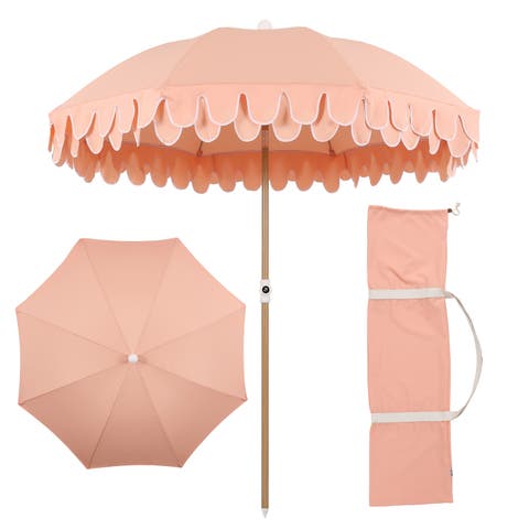 Horizon 6.5 ft. Classic MidCentury Scalloped Fringe Market Beach Umbrella with Push-Button Tilt