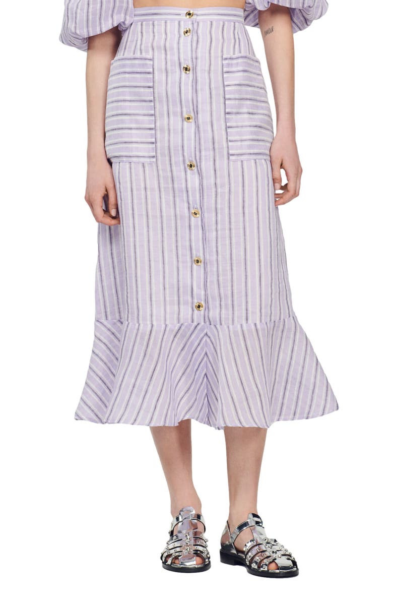 SANDRO Blondy Stripe Linen Blend Skirt, Main, color, Lilas / Noir