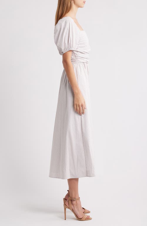 Charles Henry Stripe Ruched Waist Cotton Blend Midi Dress In Neutral