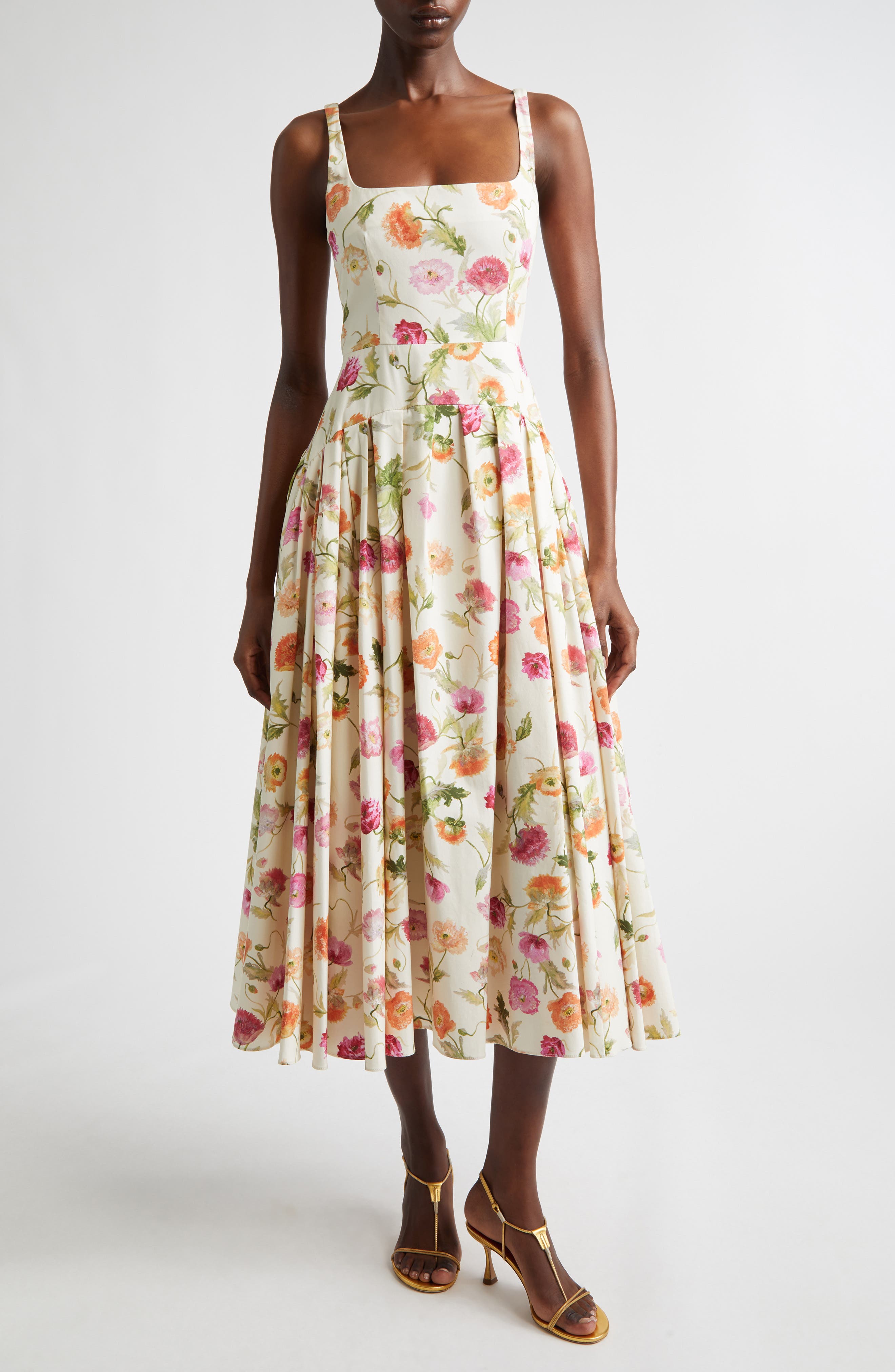 toile poplin fit & flare dress Poppy Print Pleated Drop Wait Stretch Poplin Fit & Flare Dress (Women)