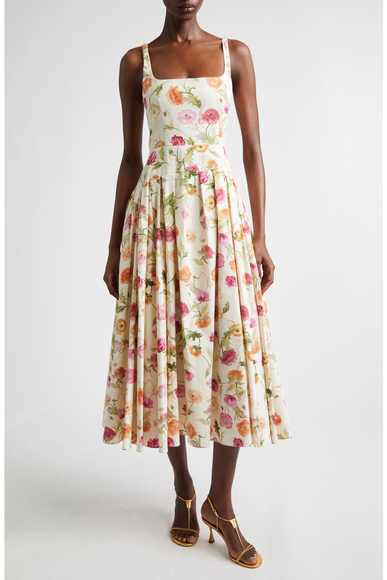 Poppy Print Pleated Drop Wait Stretch Poplin Fit & Flare Dress, Main, color, ALMOND MULTI