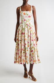 Carolina Herrera Poppy Print Pleated Drop Wait Stretch Poplin Fit & Flare Dress