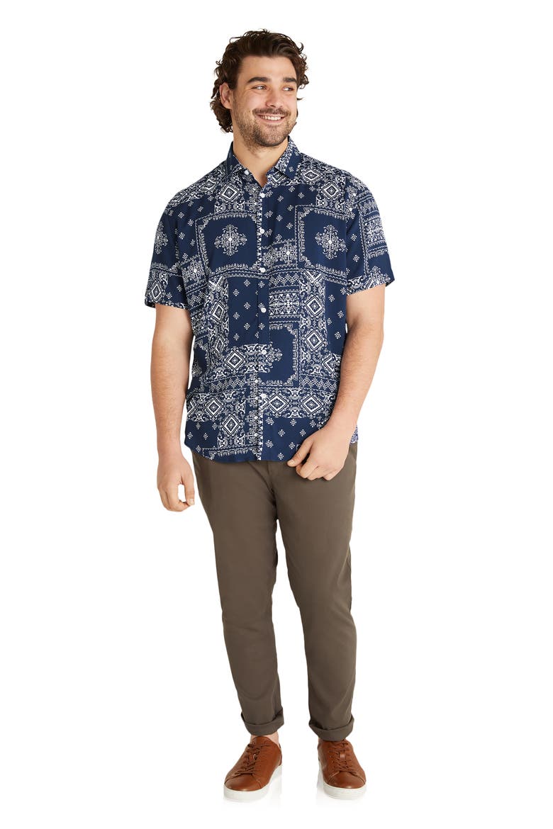 Bandana Print Short Sleeve Button-Up Shirt, Alternate, color, MARINE