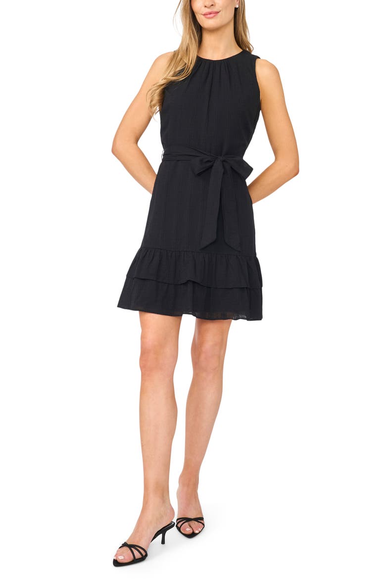 Ruffle Hem Sleeveless Tie Waist Minidress, Main, color, RICH BLACK