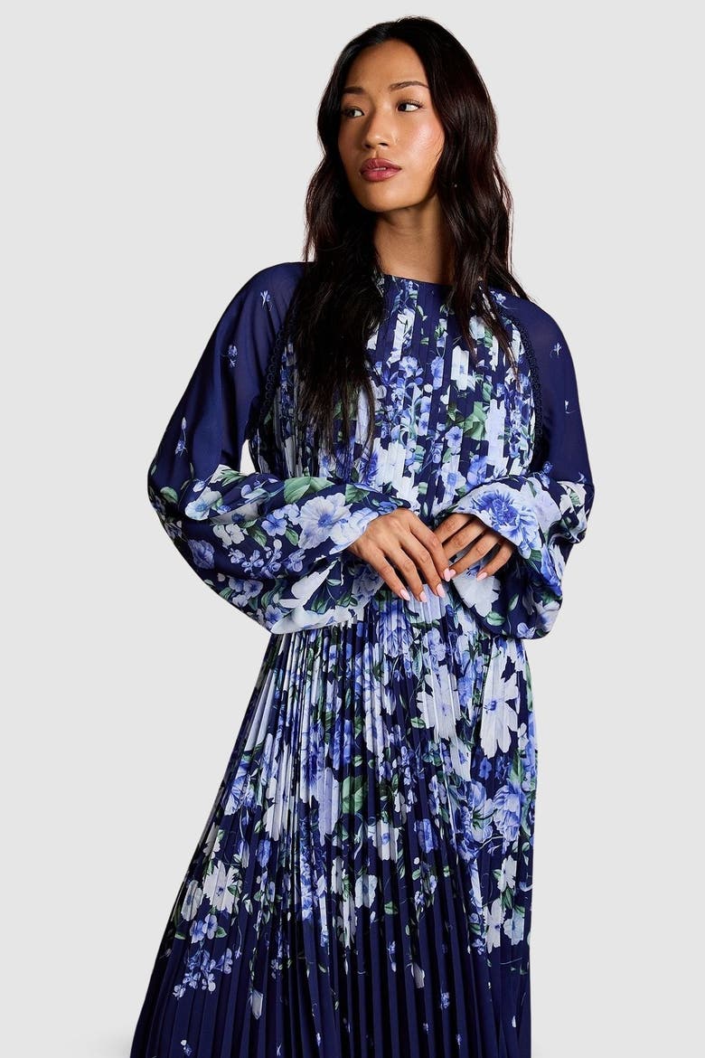 Floral Pleated Georgette Midi Dress, Alternate, color, Navy