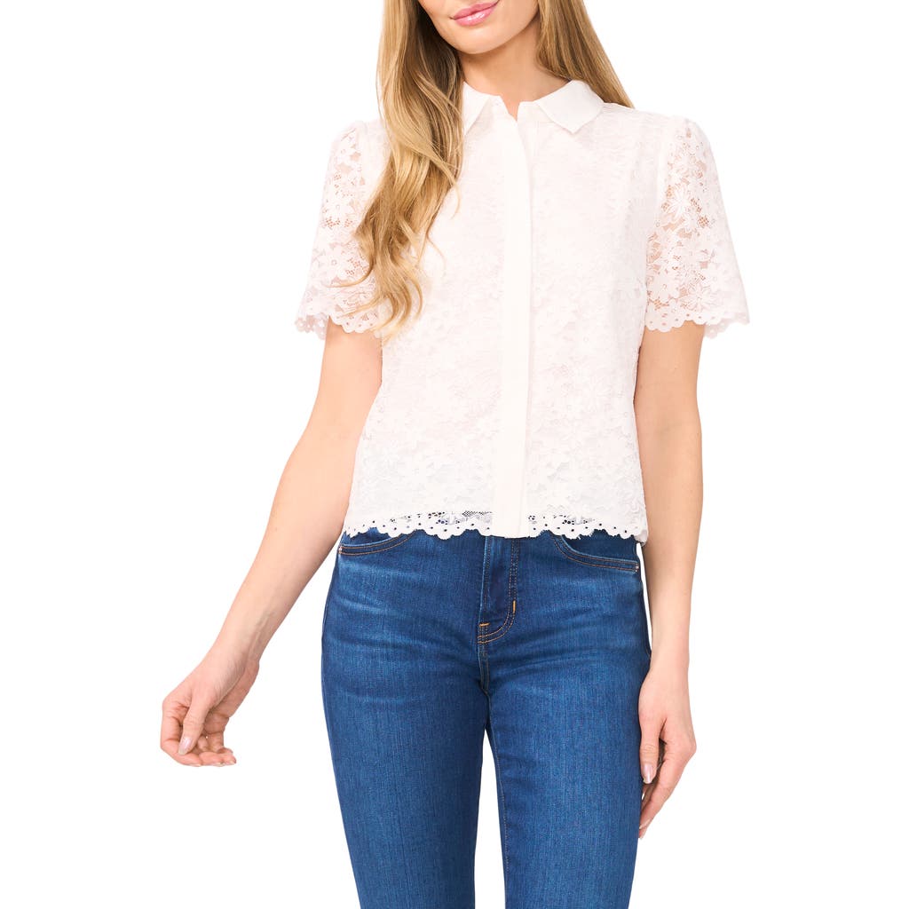 Cece Floral Lace Short Sleeve Button-up Shirt In New Ivory