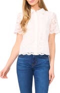 CeCe Floral Lace Short Sleeve Button-Up Shirt