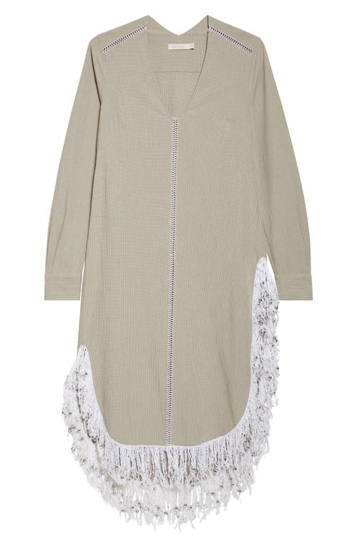 Shop Diotima Una Beaded Fringe Long Sleeve Organic Cotton Midi Dress In Beige