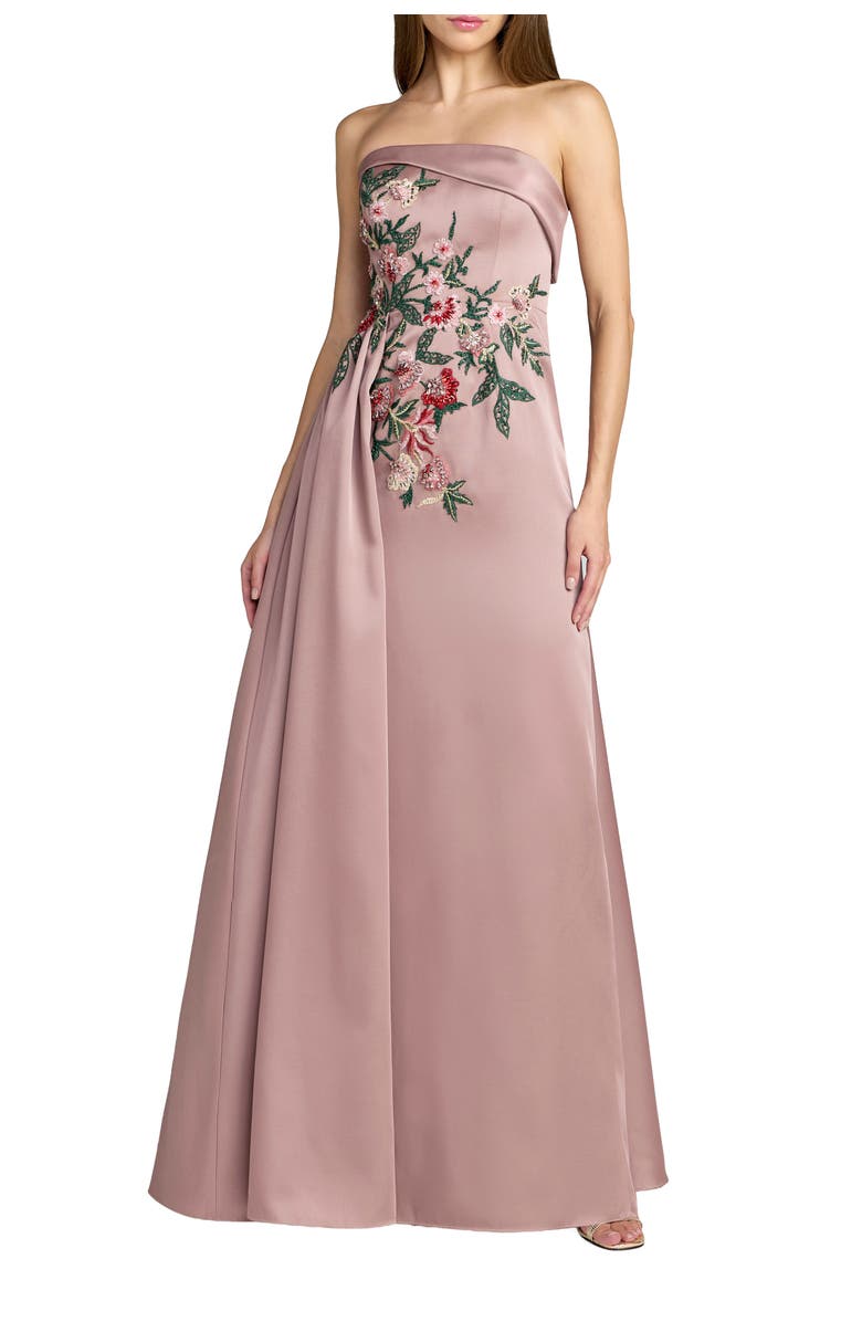 Mac Duggal Strapless Satin Beaded Floral Gown, Main, color, Mocha