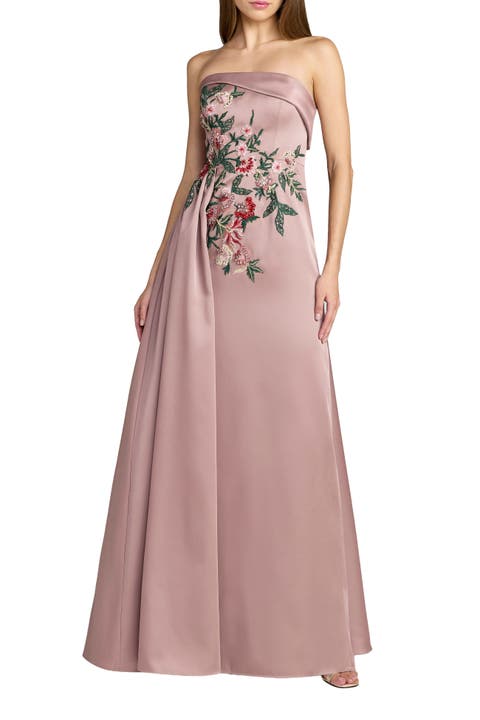 Strapless Satin Beaded Floral Gown
