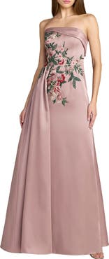 Mac Duggal Strapless Satin Beaded Floral Gown