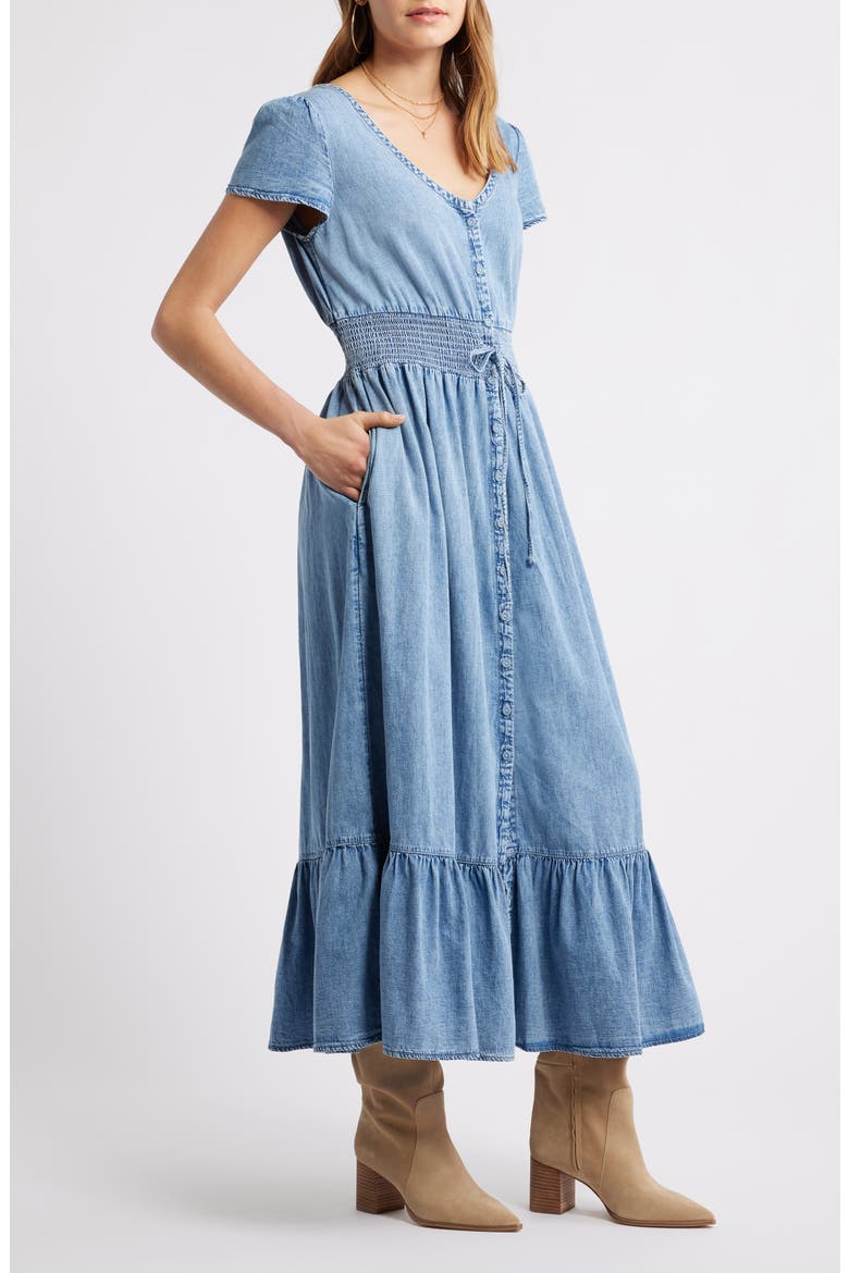 Smocked Waist Chambray Maxi Dress, Alternate, color, MEDIUM WASH