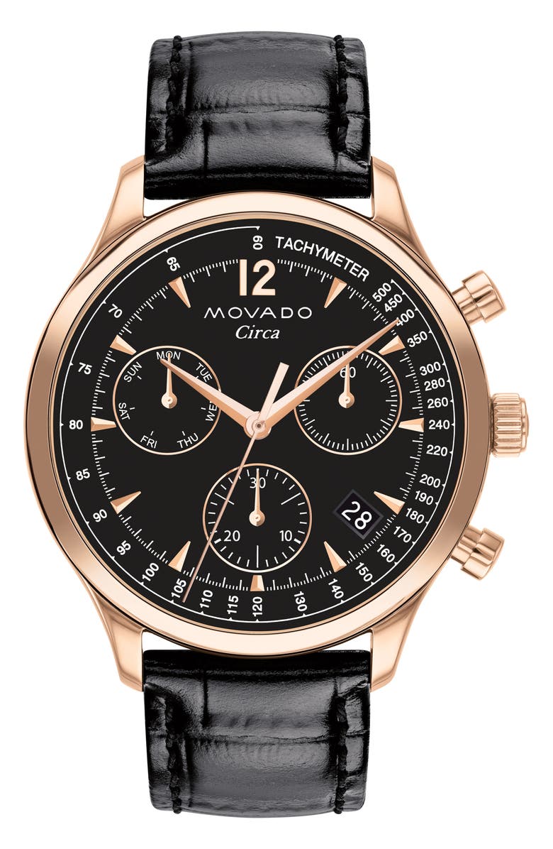 Movado Heritage Circa Chronograph Leather Strap Watch, 43mm, Main, color, 