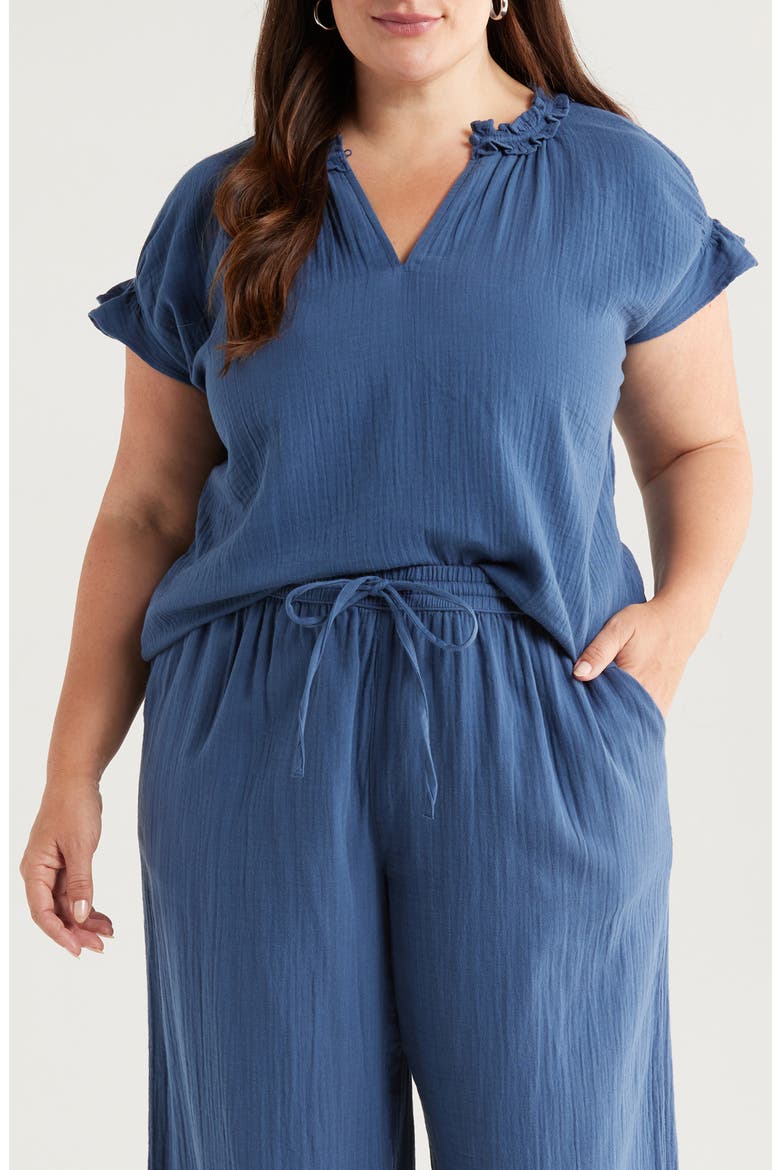 Ruffle Accent Cotton Gauze Top, Main, color, NAVY DENIM