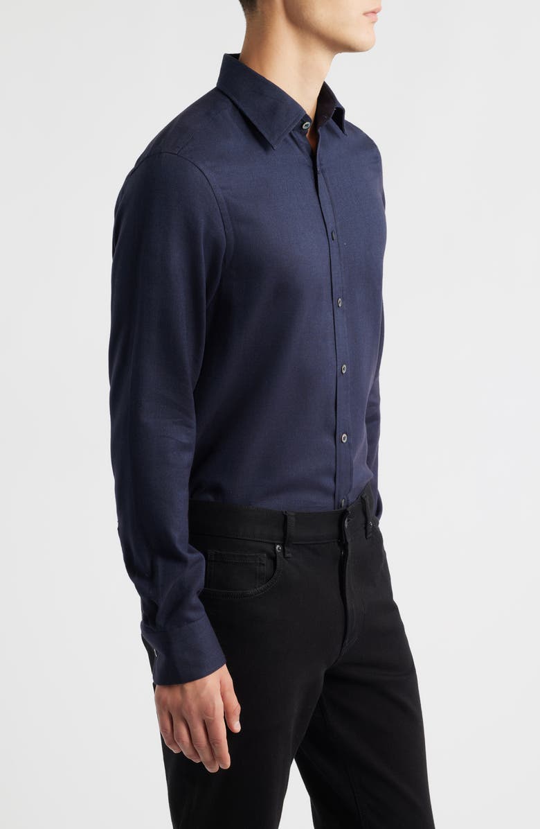 Canali Regular Fit Navy Brushed Cotton Blend Herringbone Button-Up Shirt, Alternate, color, Navy