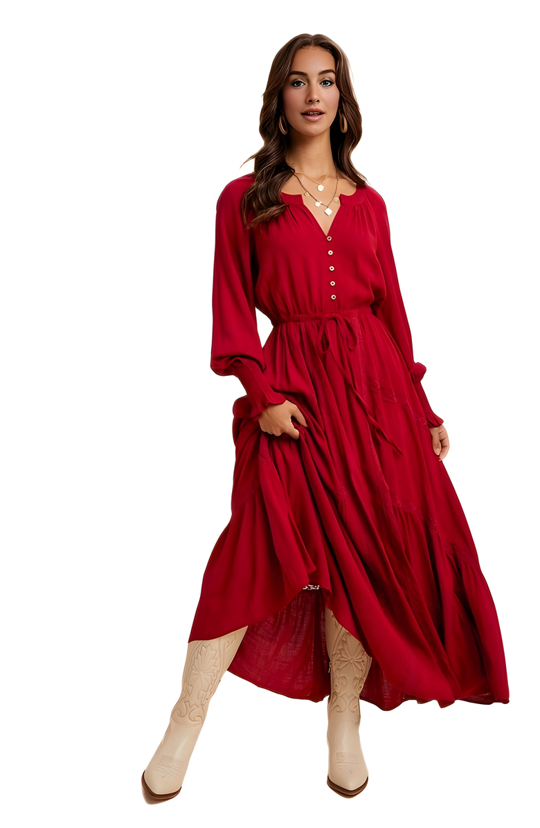 Knit and Lounge Long Sleeve Maxi Dress with Front Buttons and Drawstring Waist, Main, color, 