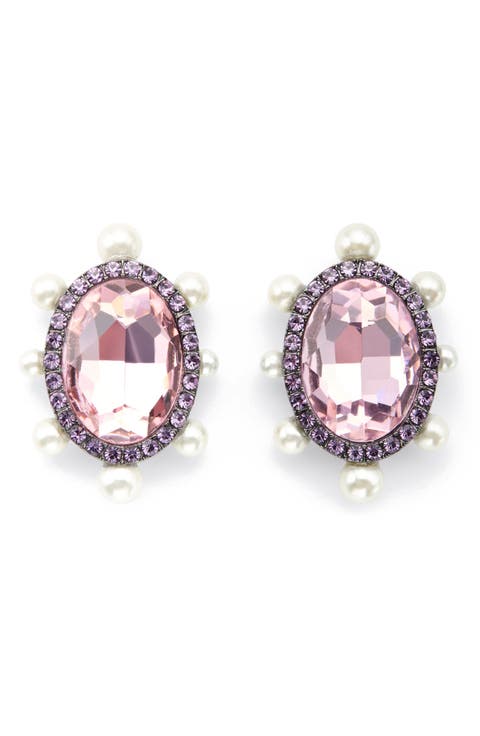 Oval Crystal & Faux Pearl Stud Earrings