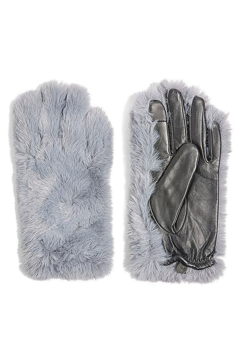 Faux Fur & Leather Gloves, Main, color, GREY