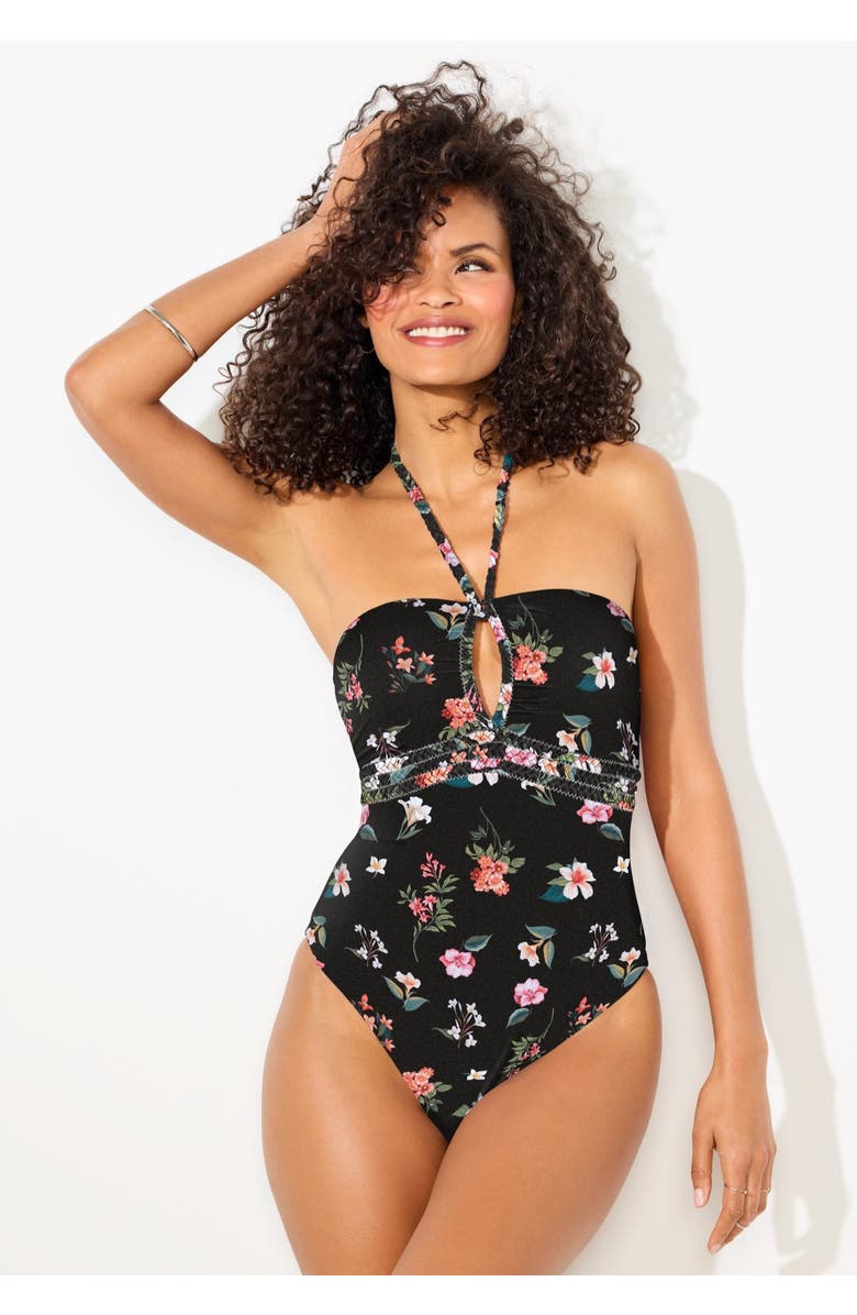 Swimsuits for All Braided Bandeau One Piece Swimsuit, Alternate, color, Black Ditsy Floral