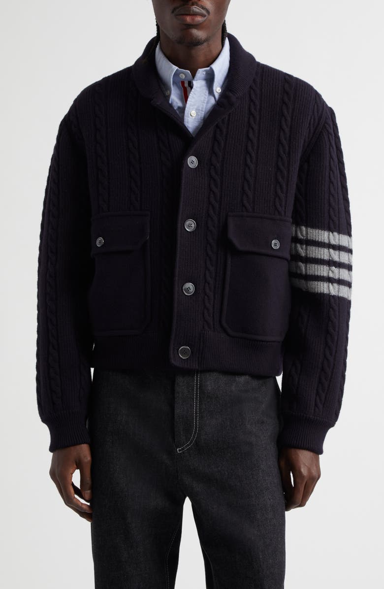 Thom Browne 4-Bar Cable Stitch Merino Wool & Cotton Blend Knit Bomber Jacket, Main, color,