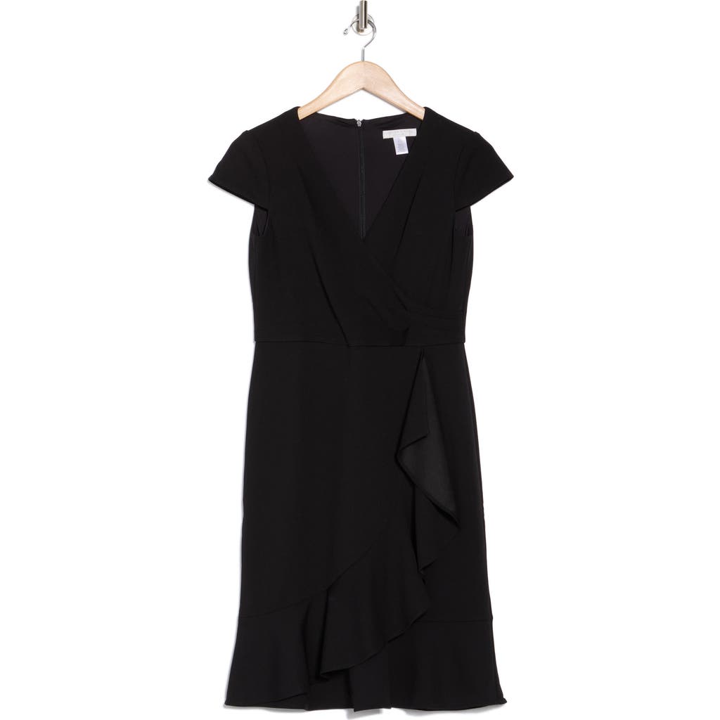 London Times Ruffle Cap Sleeve Scuba Dress In Black