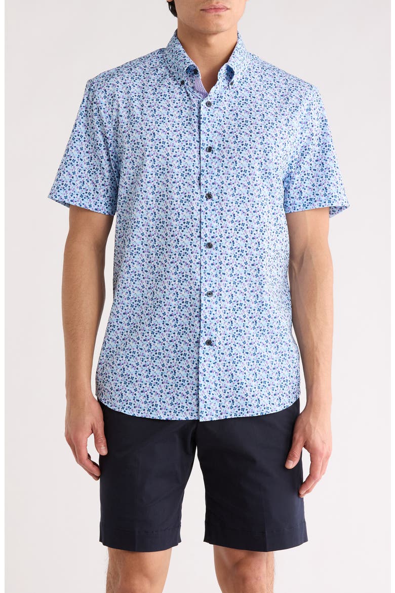 Slim Fit Abstract Leaf Print Short Sleeve Button-Down Shirt, Main, color, BLUE/ PURPLE