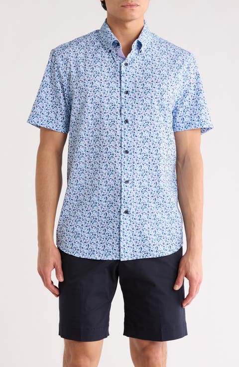 Slim Fit Abstract Leaf Print Short Sleeve Button-Down Shirt