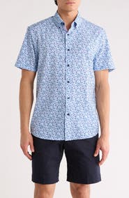 CONSTRUCT Slim Fit Abstract Leaf Print Short Sleeve Button-Down Shirt