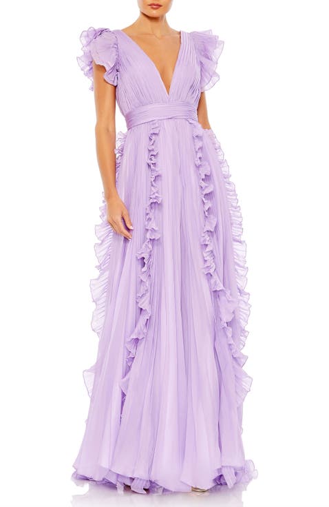 Pleated Ruffle Cap Sleeve Flowy A Line Gown