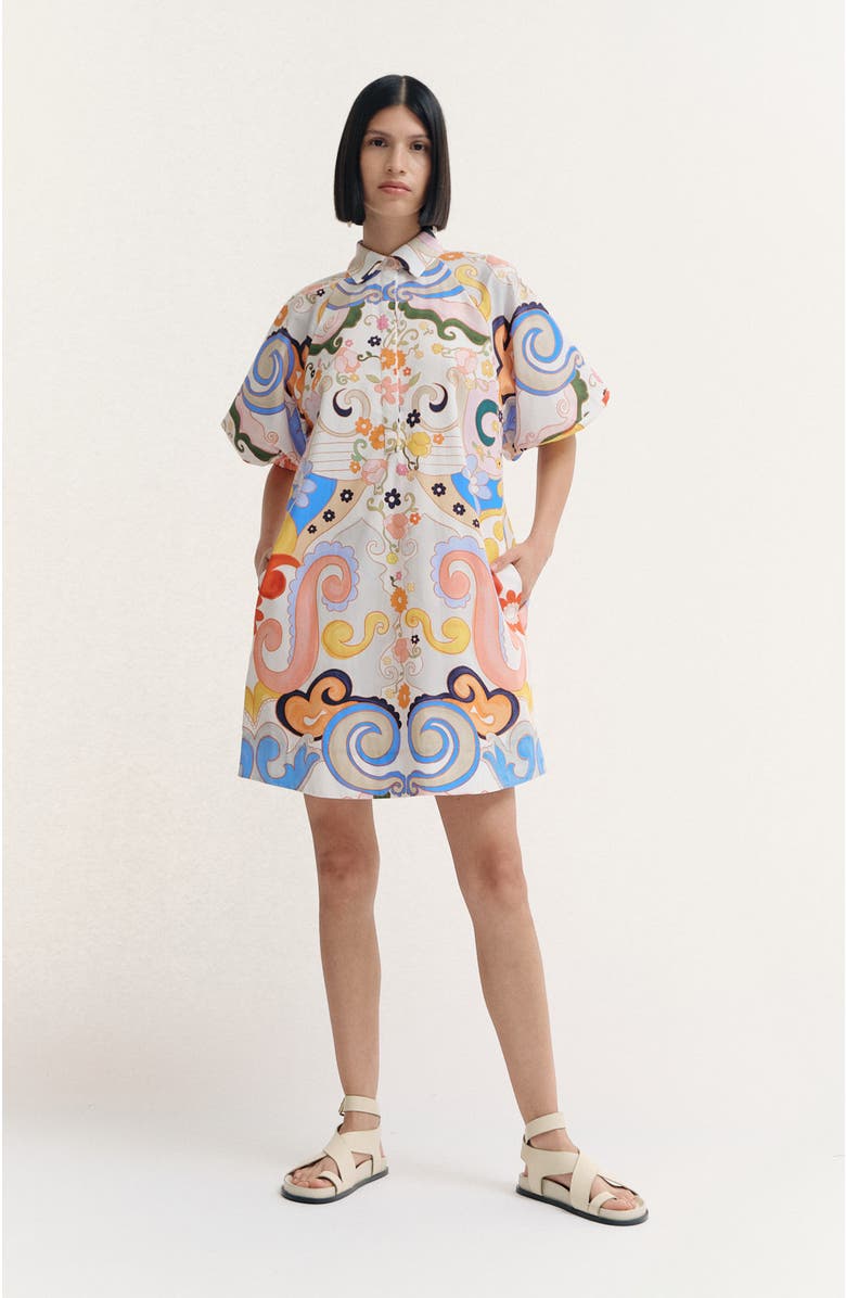 De Loreta Este Puff Sleeve Cotton Mini Shirtdress, Alternate, color, Rambutan Print