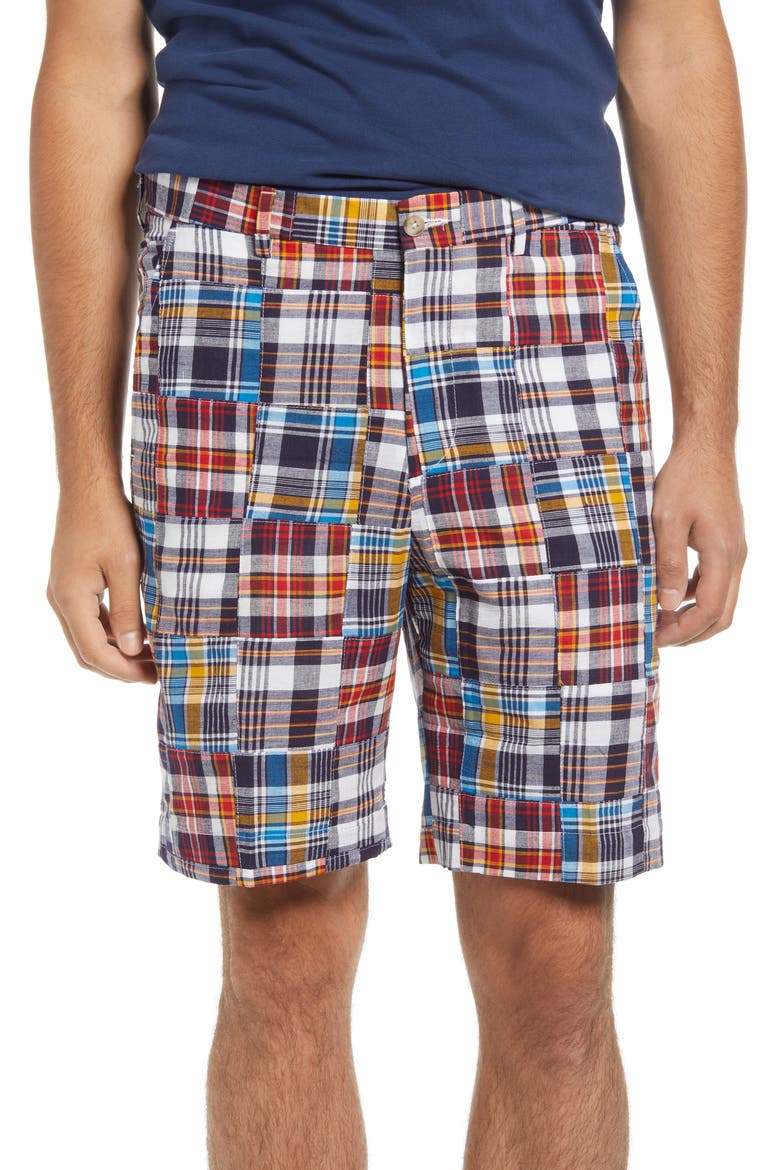 Patchwork Madras Flat Front Shorts, Main, color, BLUE