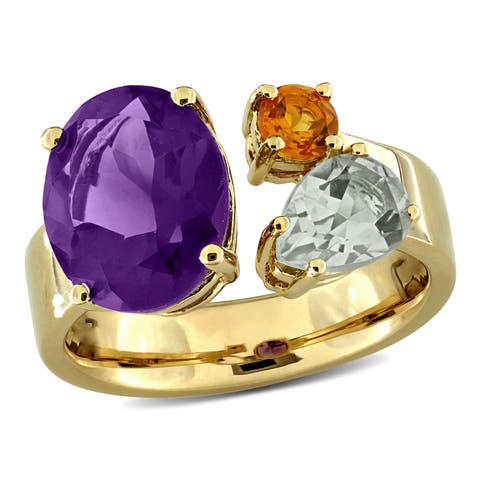 Gemstone 3-Stone Open Ring Yellow Plated Silver