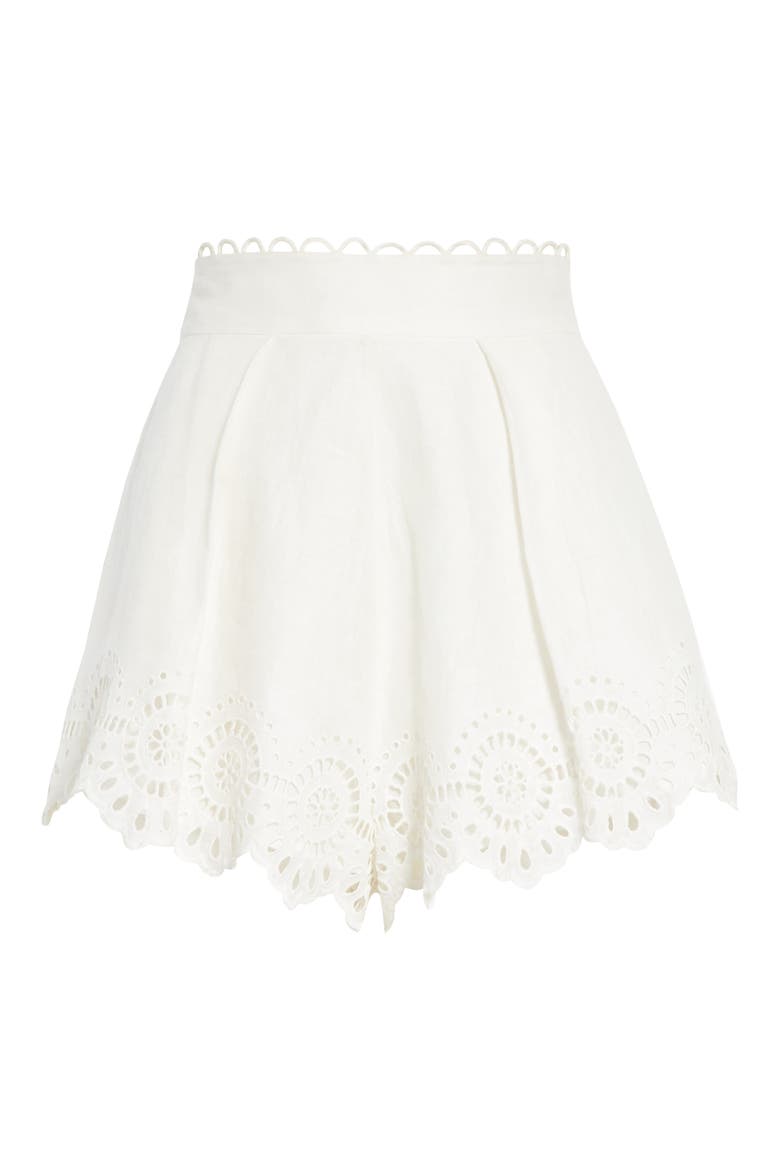 Bellitude Scalloped Eyelet Linen Shorts, Alternate, color, IVORY
