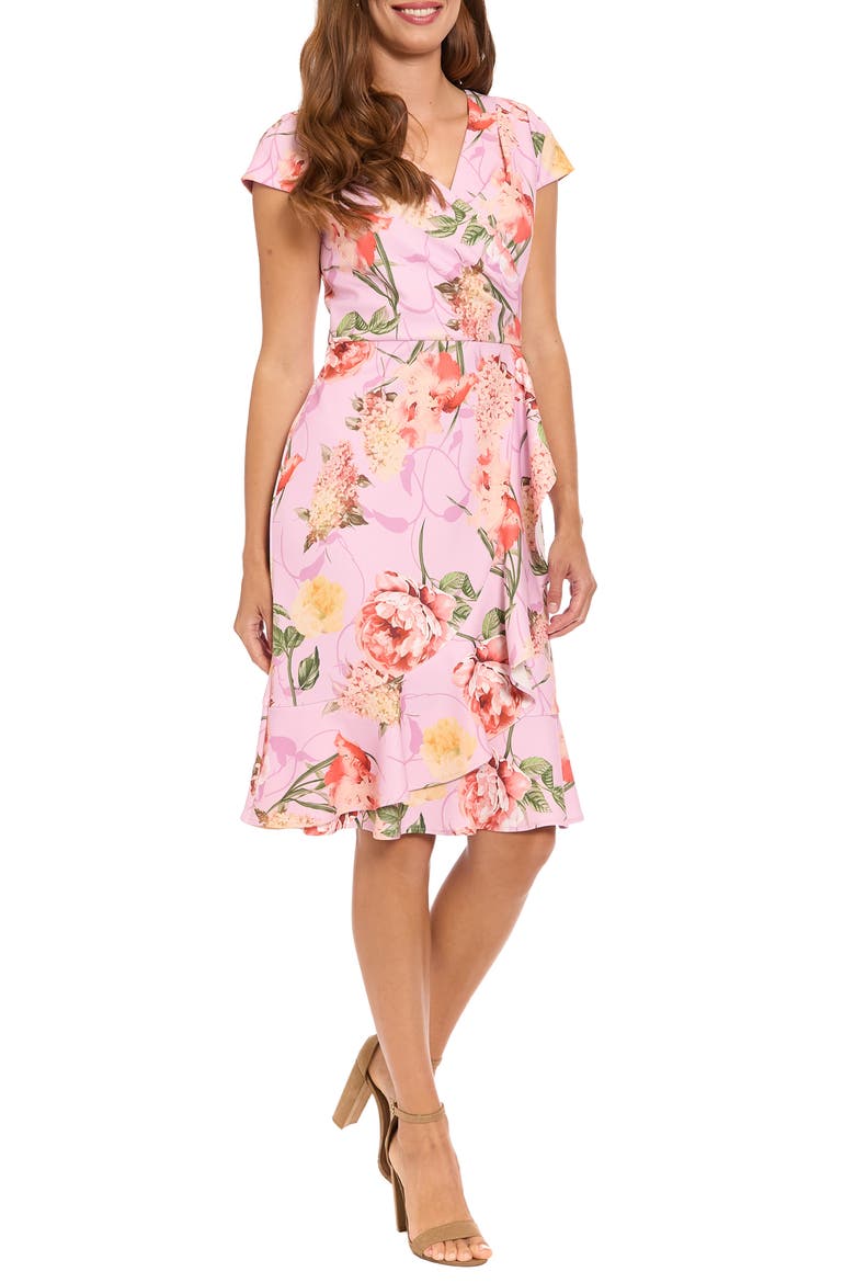 Floral Cap Sleeve Ruffle Hem Fit & Flare Dress, Main, color, SEA PINK/ CORAL