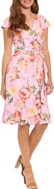 London Times Floral Cap Sleeve Ruffle Hem Fit & Flare Dress
