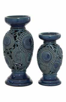 WILLOW ROW Eclectic Blue Ceramic Candle Holder