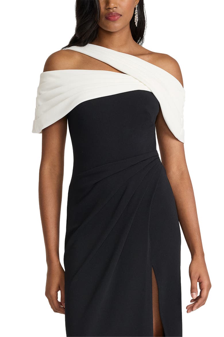 Off the Shoulder Colorblock Crepe Gown, Alternate, color, BLACK/ IVORY