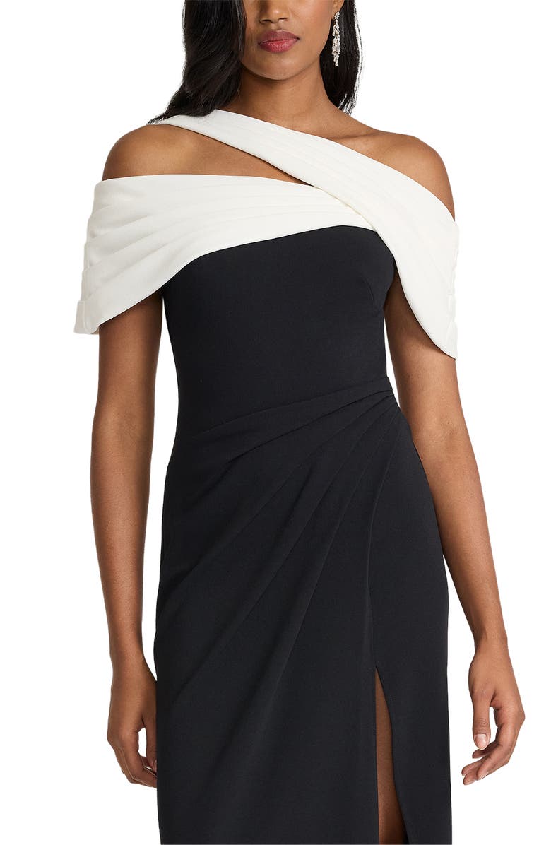 Tadashi Shoji Off the Shoulder Colorblock Crepe Gown, Alternate, color, Black/ Ivory