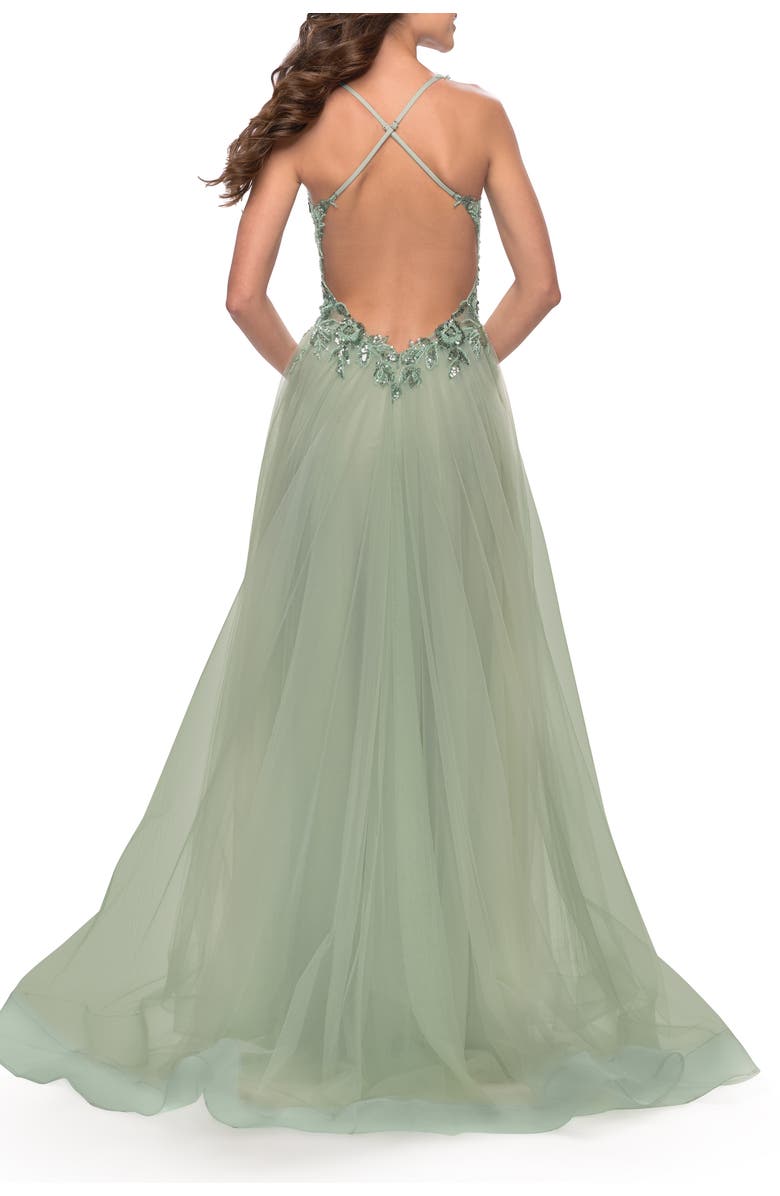 La Femme Tulle A-Line Gown with Sheer Bodice and Beaded Lace Detail, Alternate, color, Sage